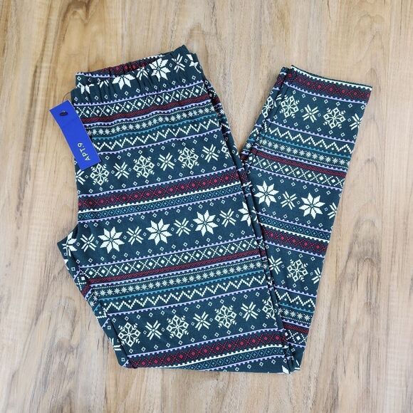 🔸️NWT Apt 9 Green w/Cream & Red Holiday Snowflake Print Leggings Medium - Picture 1 of 9